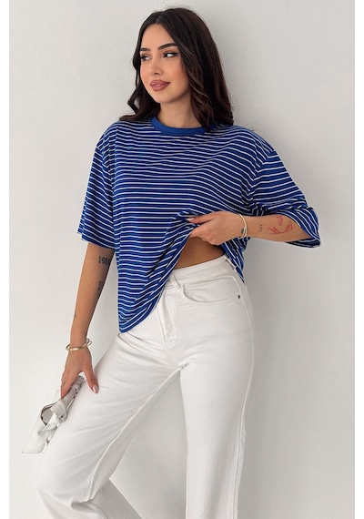 Noa & Noa Kadın Oversize Çizgili Tişört Monochrome Ease Mavi