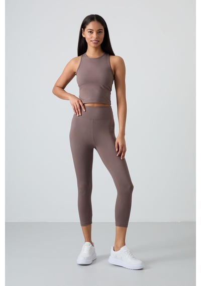 Tommylife Kahverengi Yüksek Bel Kapri-crop Atlet Slim Fit Kadın Tayt Takım - 95284