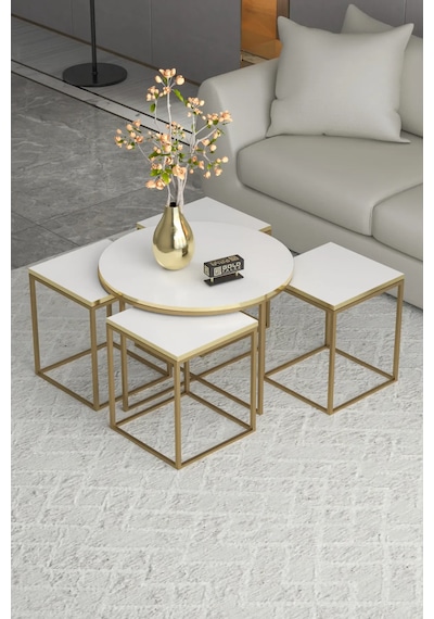 Reyo Falez Oval Lux 5'li Orta Ve Zigon Sehpa Seti Altın Beyaz