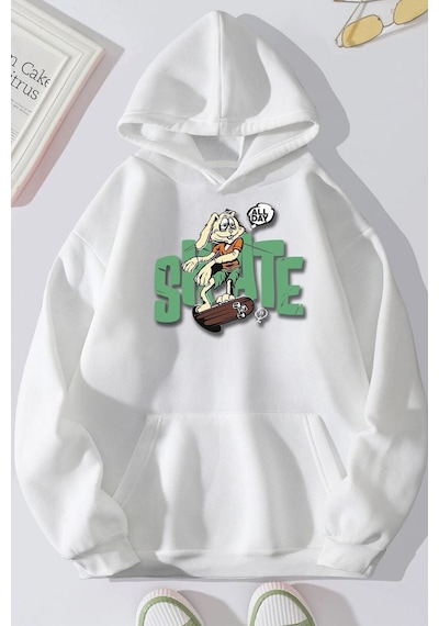 Uyguntarz Unisex All Day Rabbit Baskılı Sweatshirt beyaz