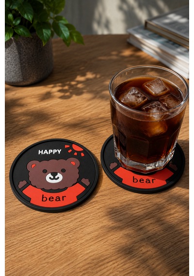 Kemboss Happy Ayıcıklı Bardak Altlığı 2'li Set - Pvc Kaydırmaz Bardak Altlığı Kahve Kupa Çay Bardağı Altlığı Masa Koruyucu Çok Renkli