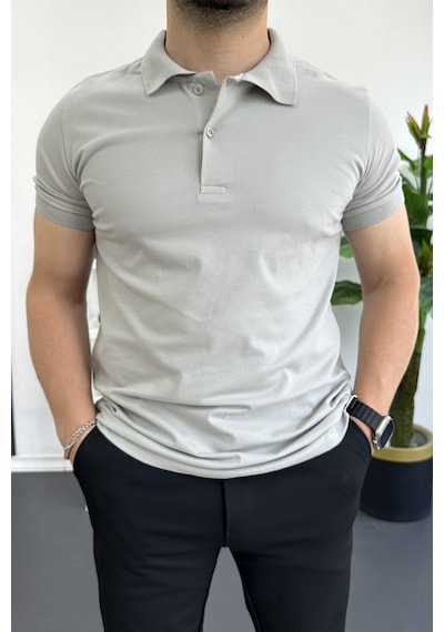 Erkek Slim Fit Düz Renk Pamuklu Soft Polo Tişört Gri Edw365 Gri
