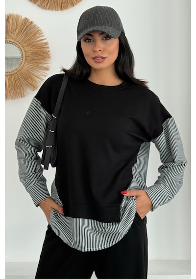 Ded Collectıon Kadın Mavi Beyaz Çizgili Modern Tasarım Uzun Kollu Gömlek Detaylı Sweatshirt Modal Takım Siyah