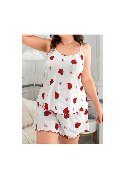 Lily Bianca Nightwear Çilek Desenli Askılı Ve Şortlu Büyük Beden Penye Gecelik Beyaz