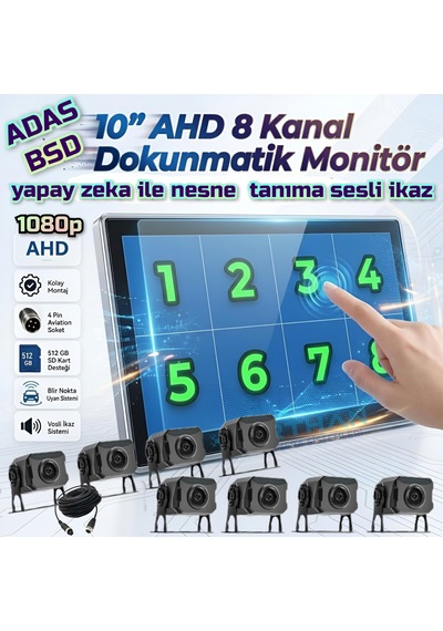 10 İnç 8 Ch Dokunmatik Ekran 8 Adet Ahd 1080p Kamera 512 Gb Dvr Adas Bsd 12 24 Volt