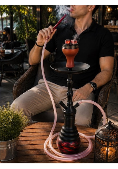 Nargile 70 Cm Siyah Kırmızı Büyük Boy Nargile Takımı Cam Şişe Uzun Gövde