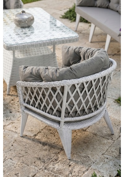 Liatris Serisi 1. Sınıf 3+1+1+2 Puf Beyaz Rattan Gri Minder Bahçe Balkon Oturma Koltuk Takımı Liatris Serisi 1. Sınıf 3+1+1+2 Puf Beyaz Rattan Gri Minder Bahçe Balkon Oturma Koltuk Takımı