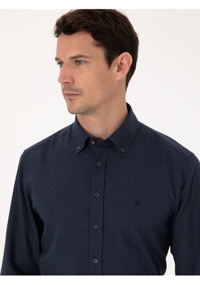 Cacharel Lacivert Slim Fit %100 Pamuk Yakası Düğmeli Flanel Gömlek