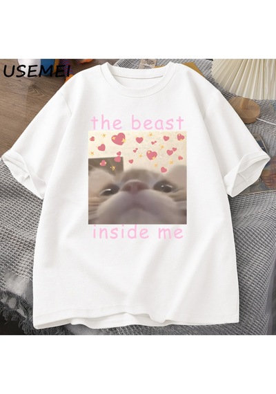 Flood Of Style The Beast Inside Me Cat Meme T-shirt Men Women Dank Memes Tee Shirt Silly Cats Unhinged Tshir Beyaz
