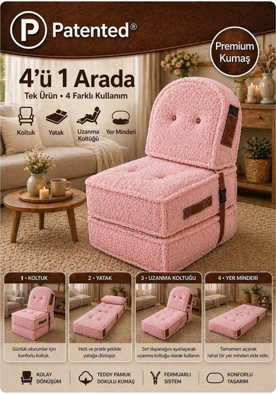 Viscolog Comfy Premium Teddy Kumaşlı Fermuarlı Modüler Çocuk Aktivite Koltuğu Ve Yer Minderi Seti 50x50 70cm Pembe