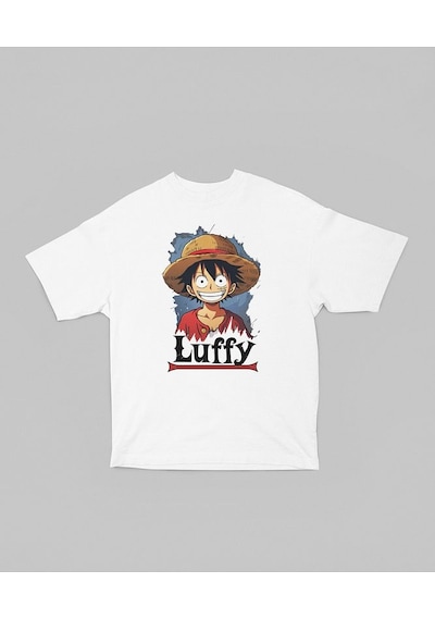 Tasarım Monkey D. Luffy Baskılı Unisex Oversize Anime One Piece D Beyaz