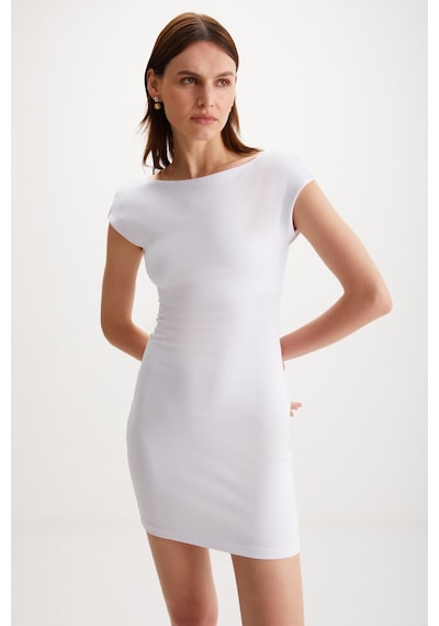 Ethıquet Arcene Kadın Organik Pamuklu Likrali Vücüdu Saran Bodycon Tek Parça Beyaz Elbise