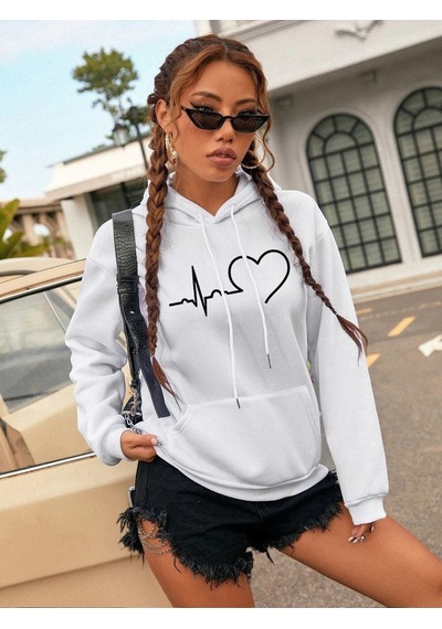 Kadın Kalp Çizgi Baskılı Oversize Beyaz Kapşonlu Sweatshirt Beyaz