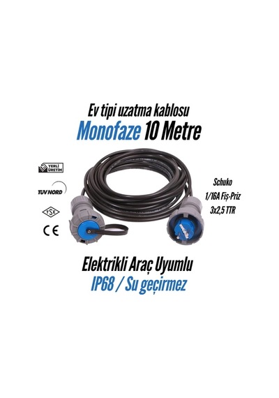 Bemis Elektrikli Araç Seyyar Uzatma Kablosu Monofaze-10 Metre-3x2,5 Ttr-1/16a Fiş Ip68 1/16a Priz 3x2,5 Ttr-1/16a Fiş Ip68 1/16a Priz