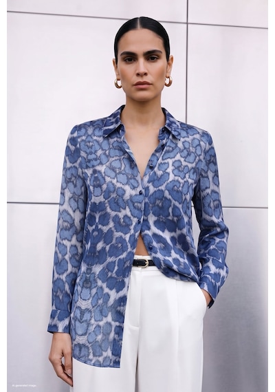 Sateen Leopar Desenli Klasik Gömlek - Lacivert-137939