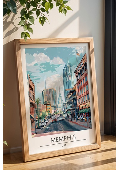 Abd Memphis Temalı Çerçeveli Tablo Travel Serisi Modern İllüstrasyon Şehir Duvar Dekoru Kayın