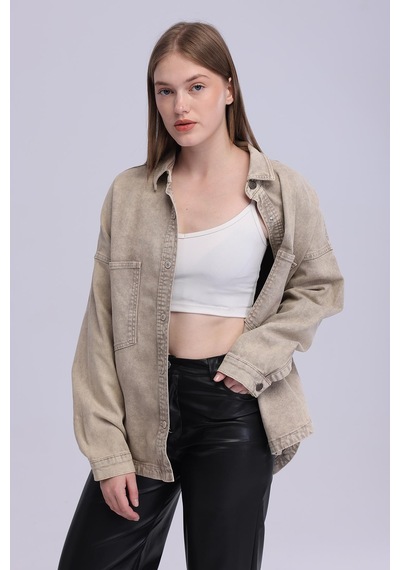 Selectmoda Kadın Çift Cepli Çıtçıt Kapamalı Oversize Kot Gömlek bej
