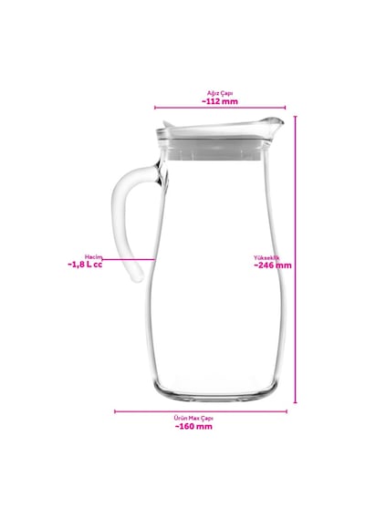 Lav Misket Cam Sürahi Tekli 1,8 L Kulplu Beyaz Plastik Kapaklı