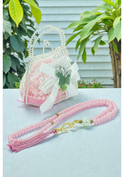Gümüş Mini Çantalı İnci Tesbihli Mevlüt Hediye Seti - Pembe