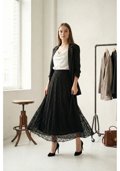 Sayzen Your Shine Dantelli Beli Lastikli Iç Astarlı Etek Sy-etk2601 Siyah