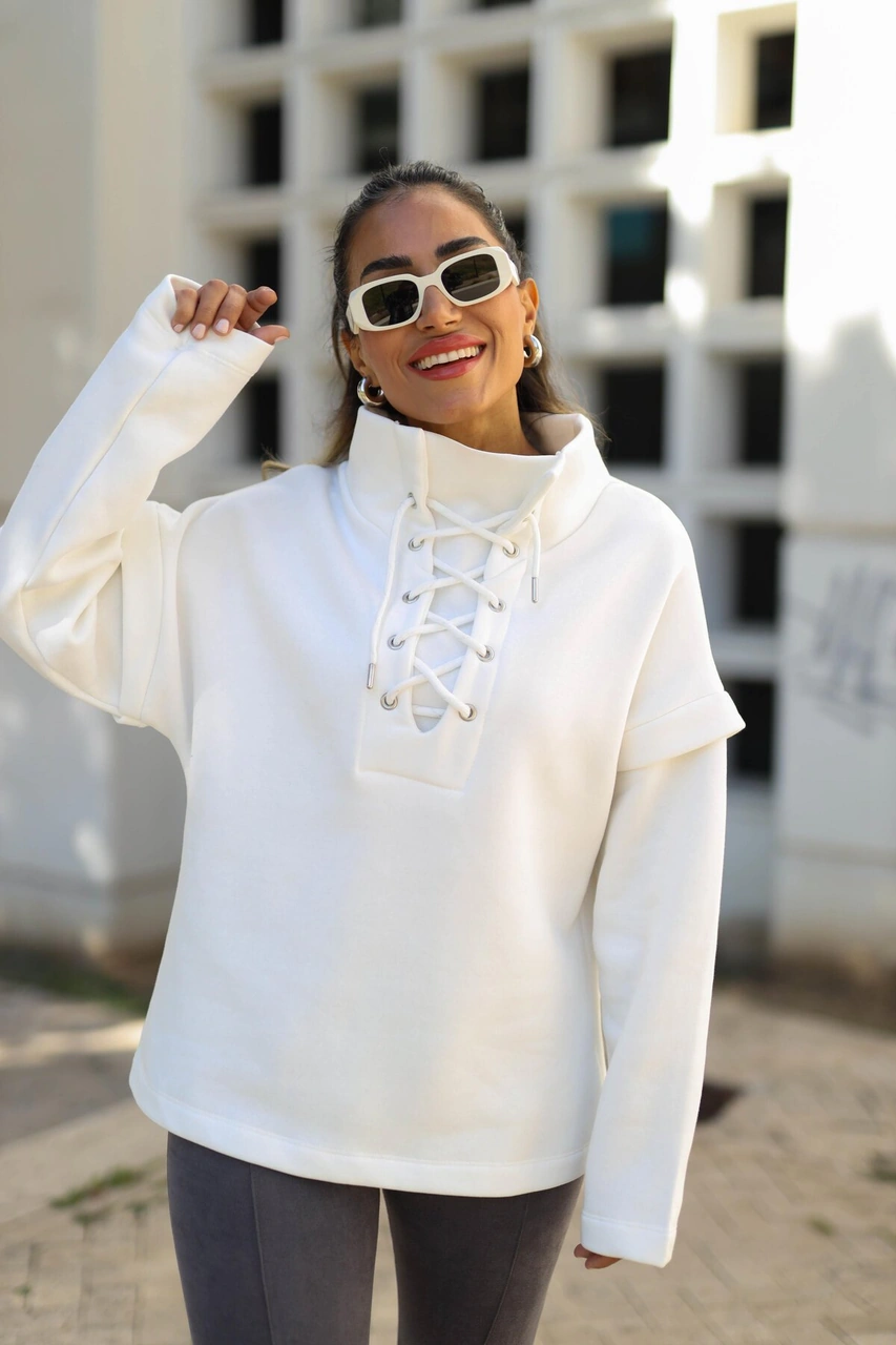 Kadın Yakası Bağcıklı Scuba Oversize Spor Şık Tasarım Sweatshirt Beyaz