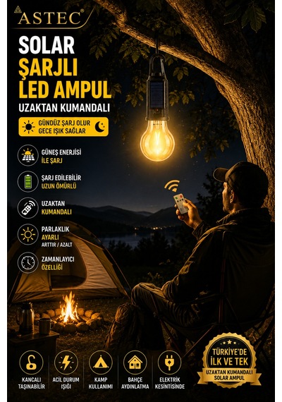 Astec Taşınabilir Solar Şarjlı Led Ampul Uzaktan Kumandalı Type-c Outdoor Kamp Bahçe Lambası Askılı Karabinalı Sarı