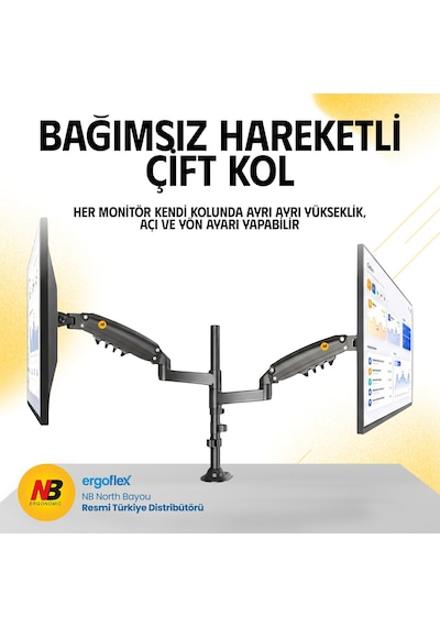 Nb Ergonomic Nb H180 Yeni 17-35" Çift Kol Amortisörlü 2-9 Kg Monitör Standı 2026 Versiyon