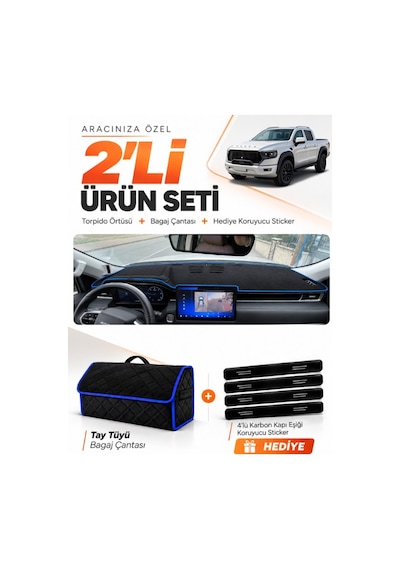 Foton Tunland V9 2025-sonrası Uyumlu Torpido Örtüsü + Tay Tüyü Bagaj Çantası Seti - Siyah Mavi