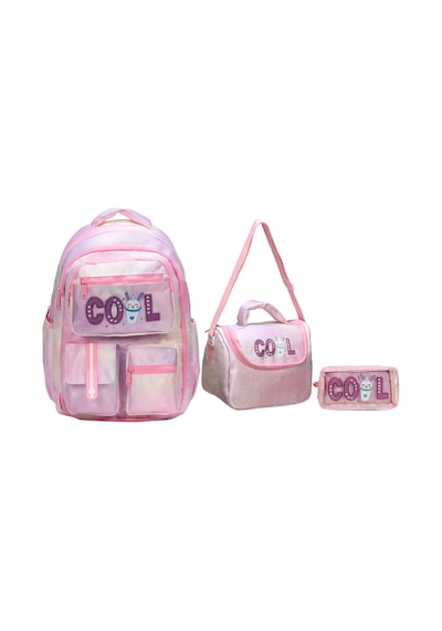 Waddell Lisanslı Cool Renkli Yazı İlkokul Sırt Çantası,termal Beslenme Çantası Ve Kalemlik Üçlü Set Pembe