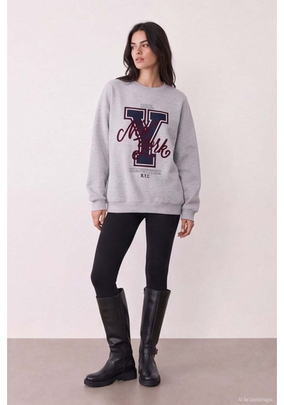 Quzu Baskı Nakış Detaylı Sweatshirt Karmelanj Gri