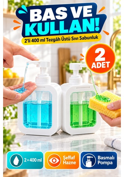 2'li Set 400 Ml Tezgâh Üstü Sıvı Sabunluk Şeffaf Hazneli Banyo Mutfak Bulaşık Deterjanlık Takımı Byz Beyaz