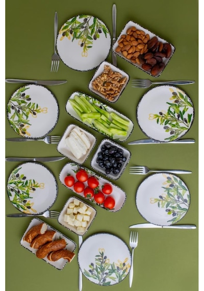 14 Parça 6 Kişilik Seramik Kahvaltı Takımı Zeytin Desenli Yuvarlak Kahvaltı Seti Beyaz - Yeşil