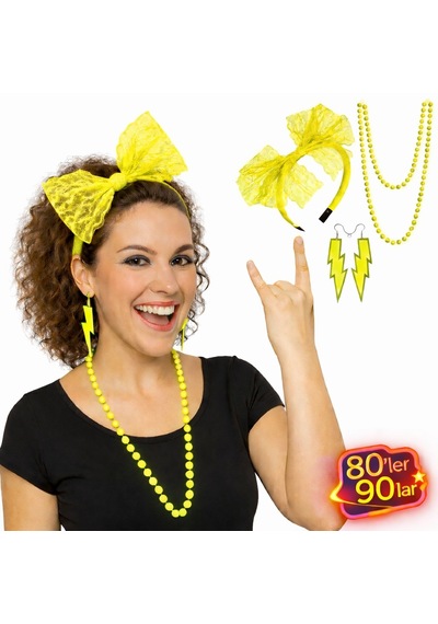 80 Ler 90 Lar Neon Sarı Parti Seti Kolye Küpe Taç 5691 "