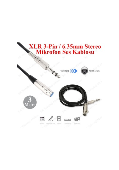 Xlr 3-Pin Dişi 6.35Mm Stereo Fiş Korumalı Mikrofon Kablosu-3Metre