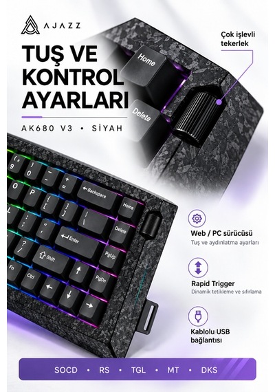 Ajazz Ak680 V3 8000 Hz Manyetik Rgb Oyuncu Klavyesi Siyah Ice Island