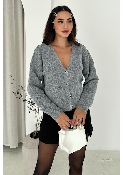 Noa & Noa Kadın V Yaka Düğmeli Triko Hırka Textured Grace Gri