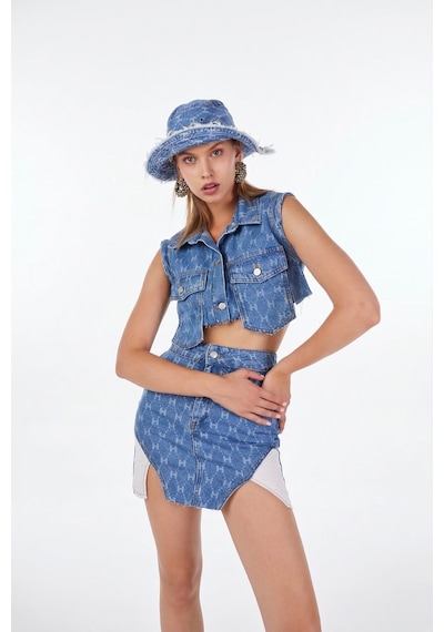 Holly Lolly H Baskılı Asimetrik Kesim Mini Jean Etek Mavi