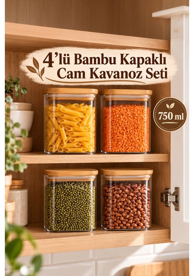 Porsima 5-4 Bambu Vakumlu Kapaklı Kare Borsilikat Cam 4lü Kavanoz Seti Saklama Kabı 750ml 7,5x15cm