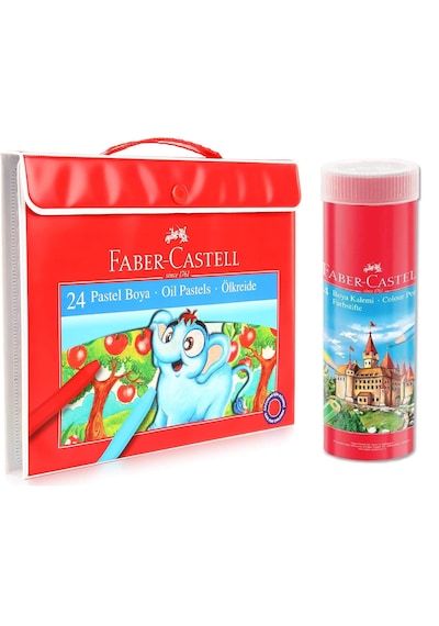 Faber-Castell Kuru Boya 24 Renk Metal Tüpte + Faber-Castell Çantalı Pastel Boya 24 Renk