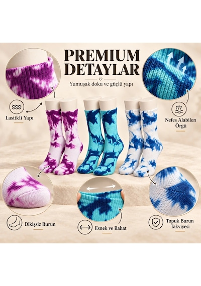 Bezos Unisex Batik Desenli Çorap 3'lü Set Pamuklu Renkli Uzun Soket Dikişsiz Nefes Alan Spor Çorabı Günlük Erdotıca Çok  Renkli