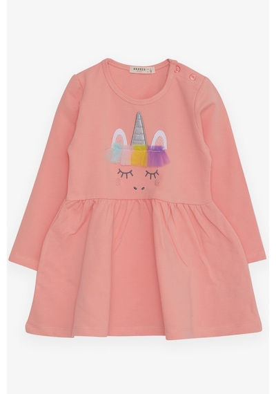 Breeze Kız Çocuk Uzun Kollu Elbise Tüllü Unicorn Nakışlı 1.5-5 Yaş, Somon