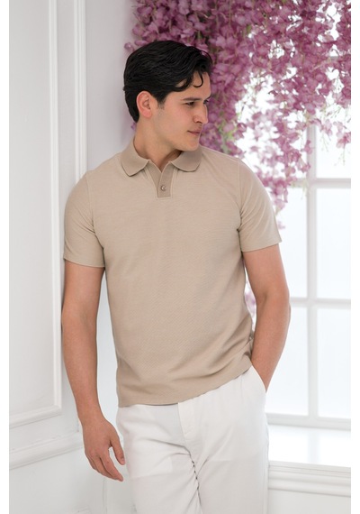 Advante Slimfit Spor Örgü Kumaş Tek Düğme Polo Yaka T-shirt Krem