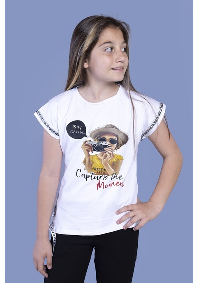 Toontoy Kids Toontoy Kız Çocuk Şerit Detaylı Baskılı Tişört Beyaz