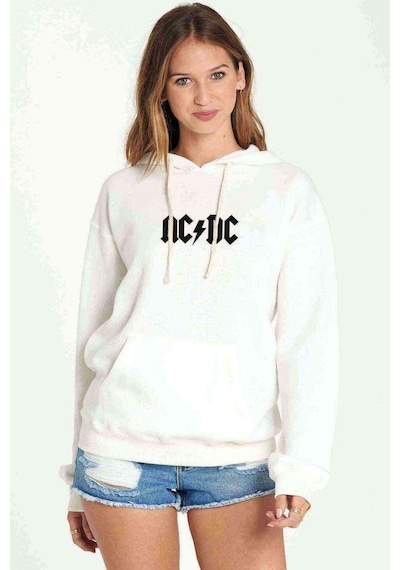 Acdc Logo Beyaz Baskılı Beyaz Kadın Kapşonlu Sweatshirt