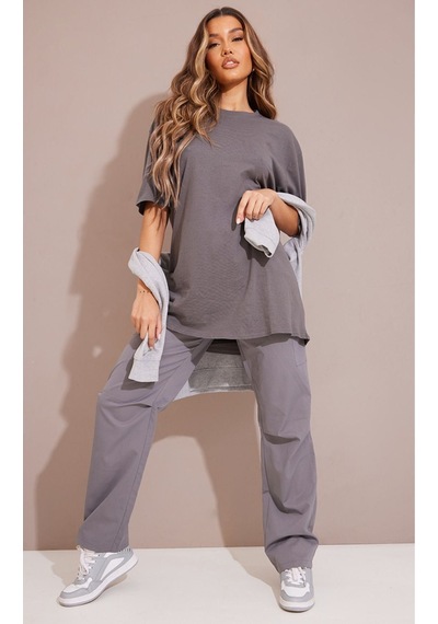 Düz Süprem T-shirt - Füme Oversize Bisiklet Yaka Kısa Kol Tişört Füme