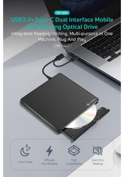 Çift Bağlantılı Usb 2.0 & Type-c Harici Dvd-rw Yazıcı Ve Okuyucu