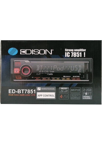 Edison Ed-bt7851ıc Oto Teyp Mp3 Çalar/fm Radyo/usb/aux/sd/bt/2 Amfi Çıkış/4 60w/app Kontrol/kumanda