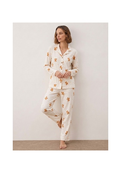 Fit Women Kadın Gömlek Yakalı Uzun Kollu Beyaz Pijama Seti