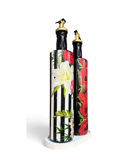 750 Ml Büyük Boy El Yapımı Cam Yağdanlık Sirkelik 2'li Set Çiçek Desenli Ve Çizgili Dekoratif Zeyt Kırmızı Ve Siyah