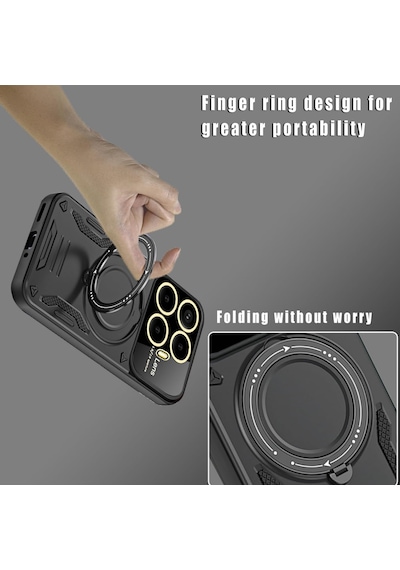 Xiaomi Mi 15t Pro Kılıf Magsafe Dönebilen Halkalı Standlı Gold Detaylı Kamera Lensli Korumalı Military Tank Kapak Siyah